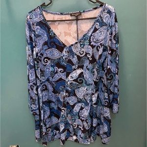 Gorgeous Roz & Ali 3X Top Blue Paisley 3/4 Sleeve